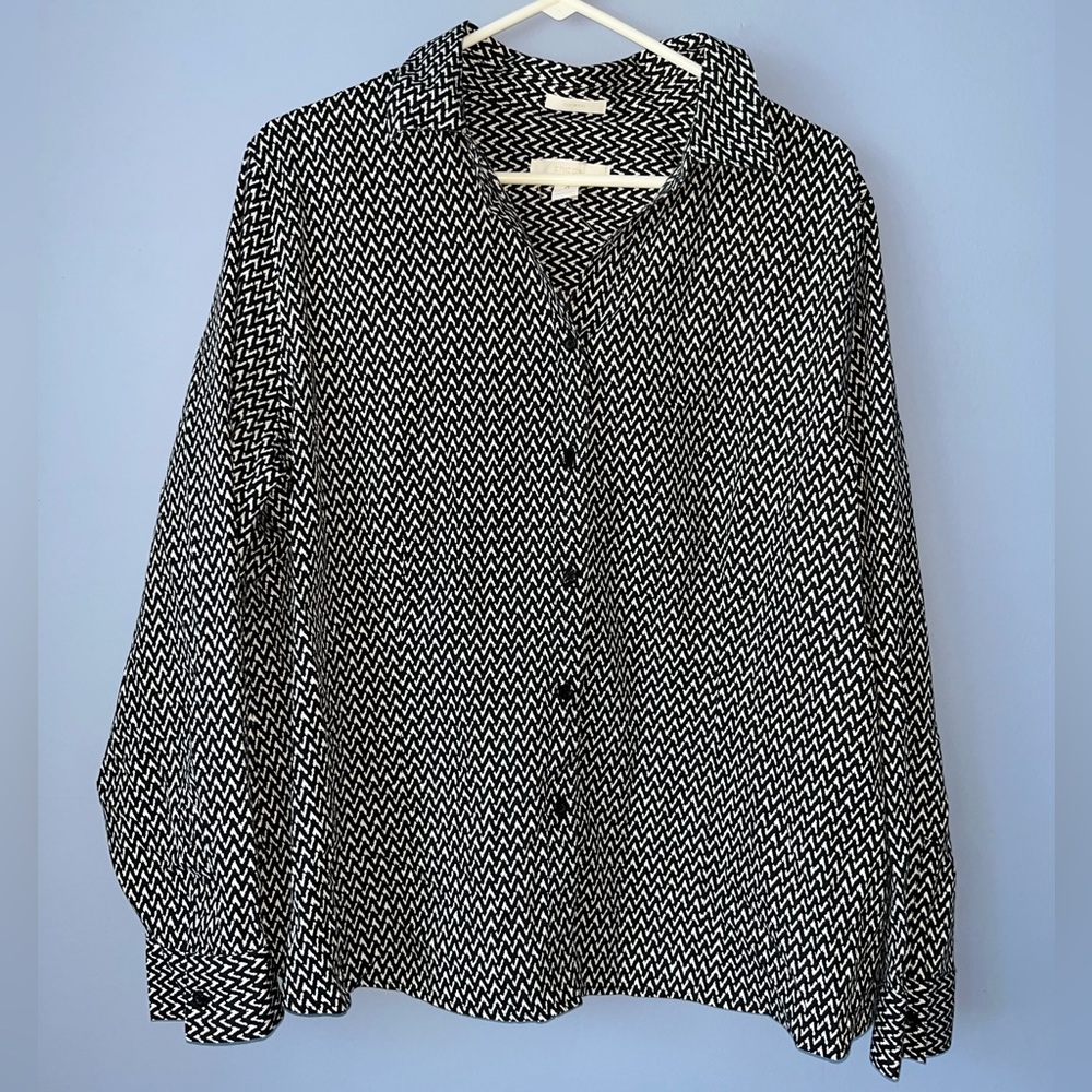 Chicos No Iron Button Up Shirt Cotton Black White Zig Zag Print XXL